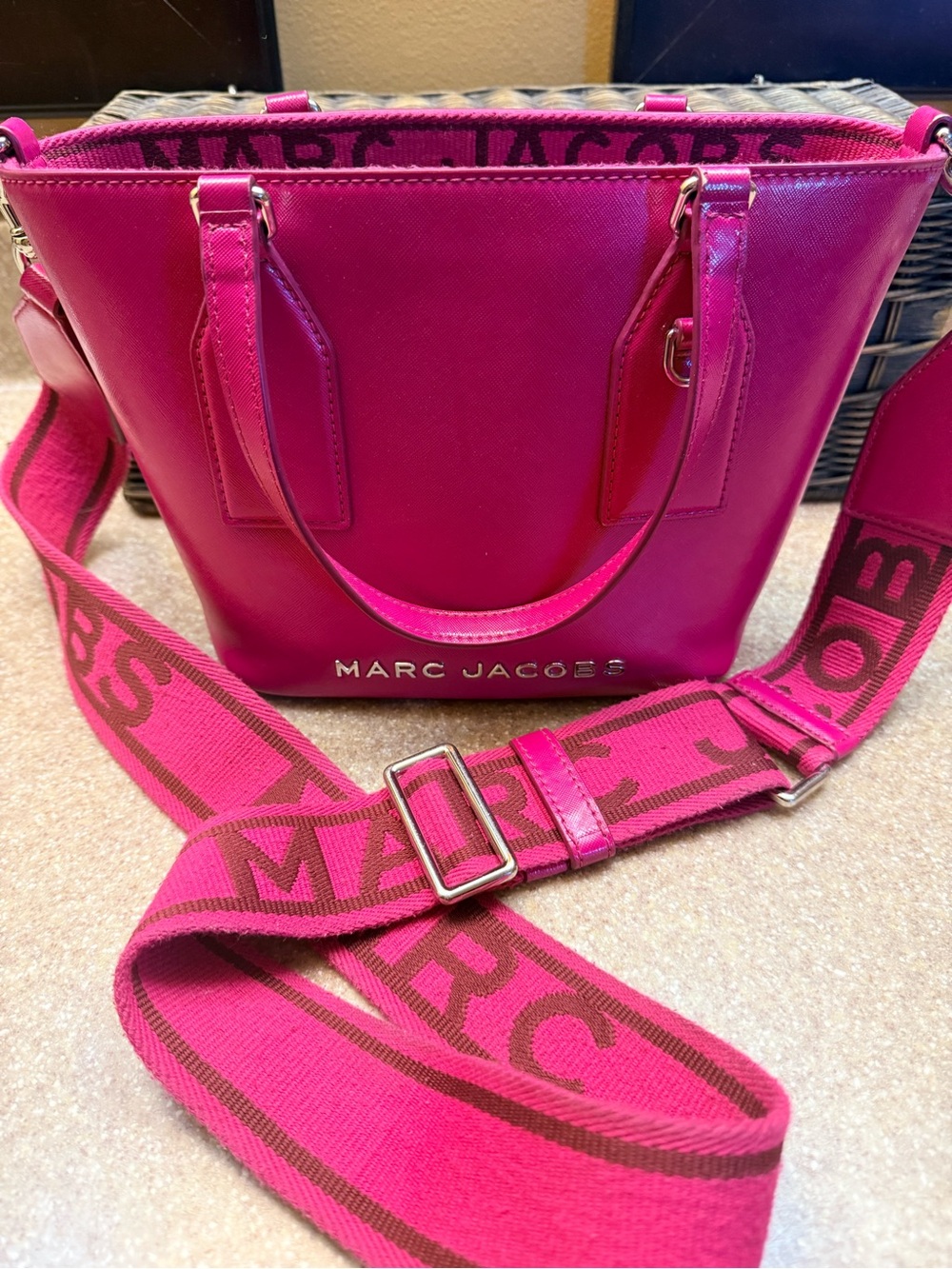 Marc Jacobs Fuchsia Logo-Striped Tote with Wide Strap